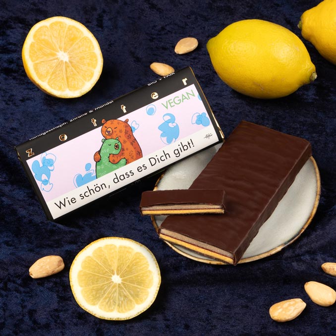 Zotter Zitrone Mandel Schokolade "Wie schön das es dich gibt" Bio & Vegan